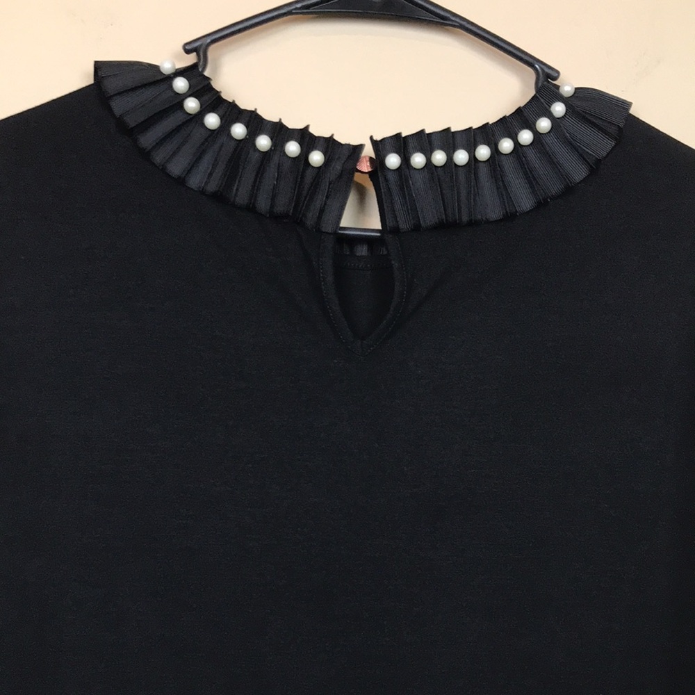 Ted Baker Black Pleated Pearl-Trim Short Sleeve Top - Picture 5 of 7